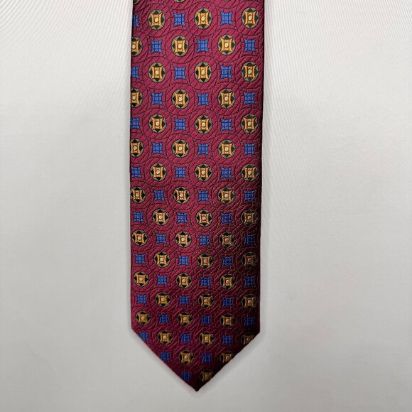 Vtg Beau Brummel SOHO Men’s Neck Tie 3 ½” Maroon Blue Gold Geometric 100% Silk - Picture 1 of 11